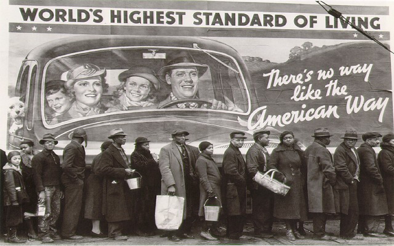 American Way poster and breadline