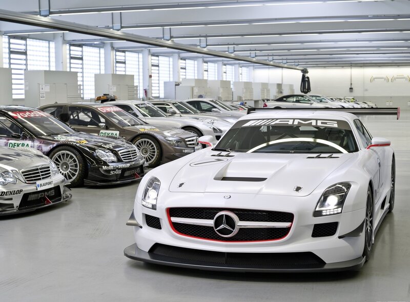 AMG racing cars in a garage