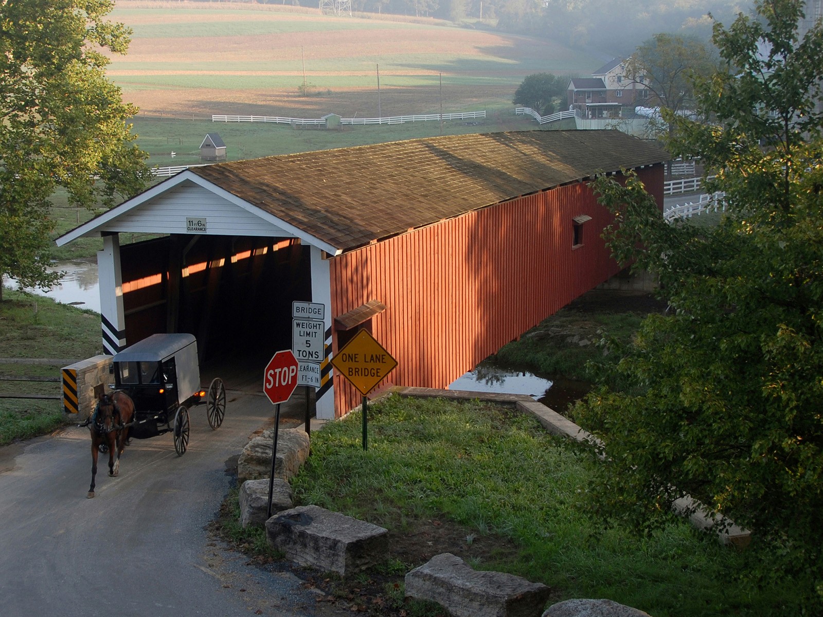 Amish buggy at covered bridge