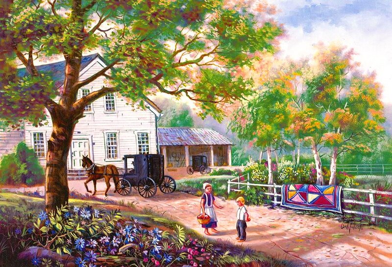 Amish Children on Farm — Green