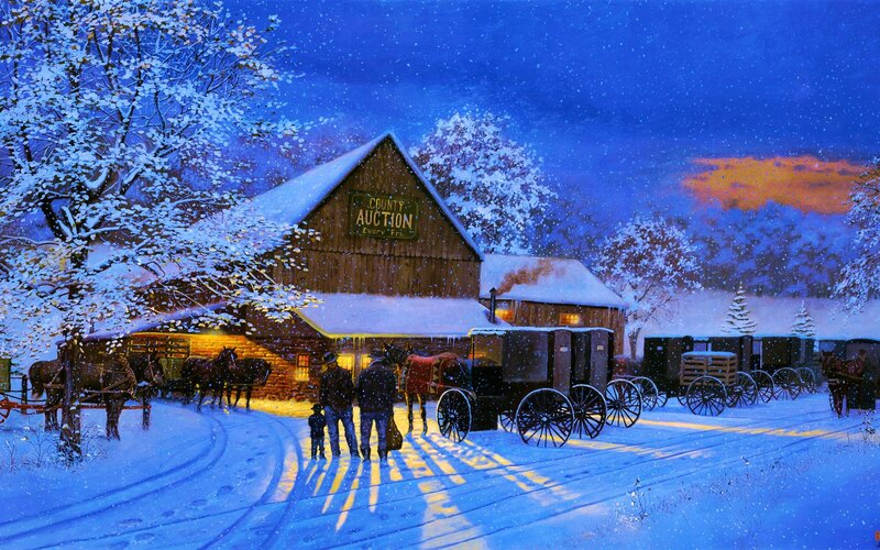 Amish Family in Snow — Blue