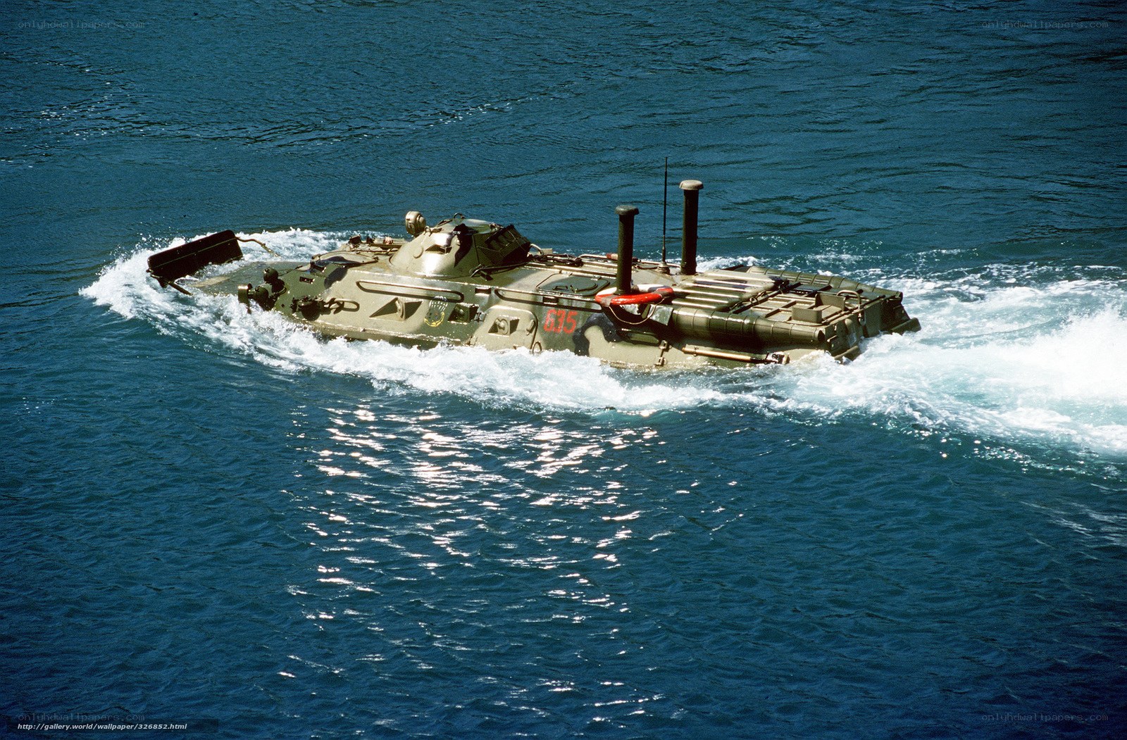Amphibious armored vehicle in water