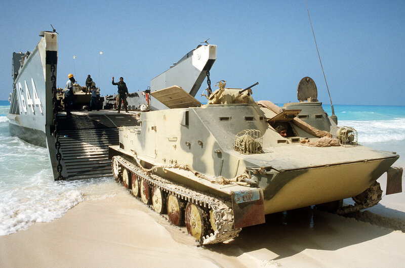 Amphibious vehicle landing on beach