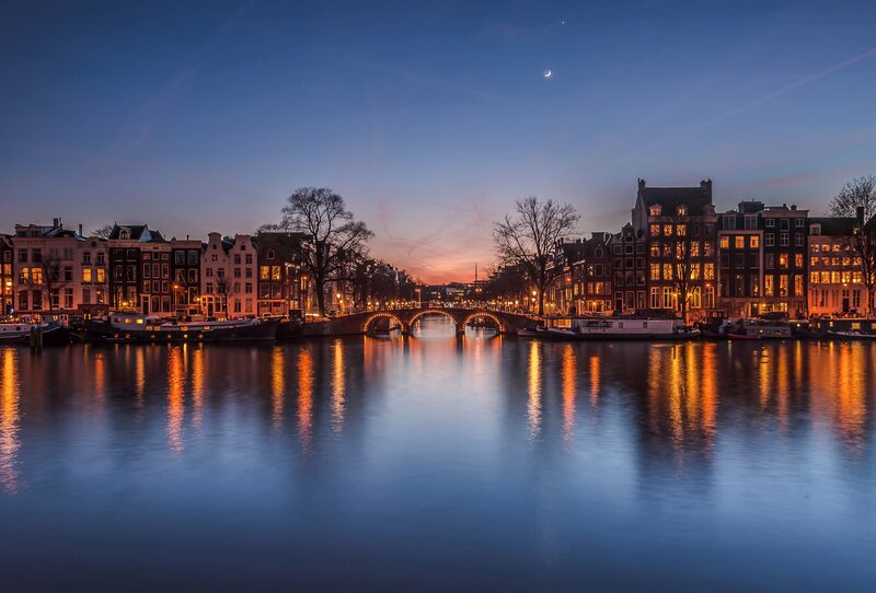 Amsterdam Canal at Dusk — Blue, Serene