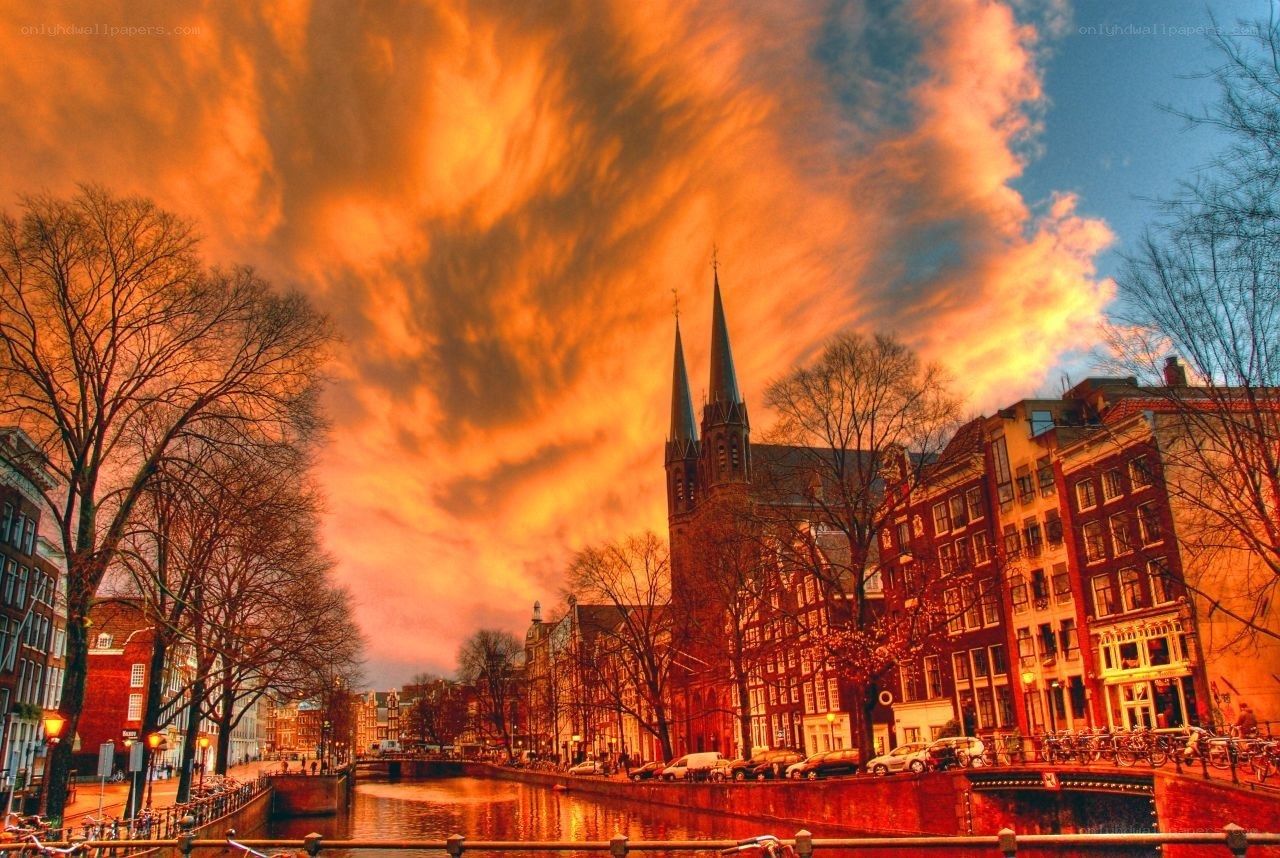 Amsterdam canal at sunset