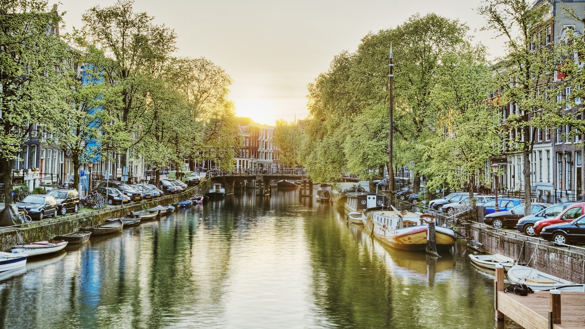 Amsterdam canal at sunset