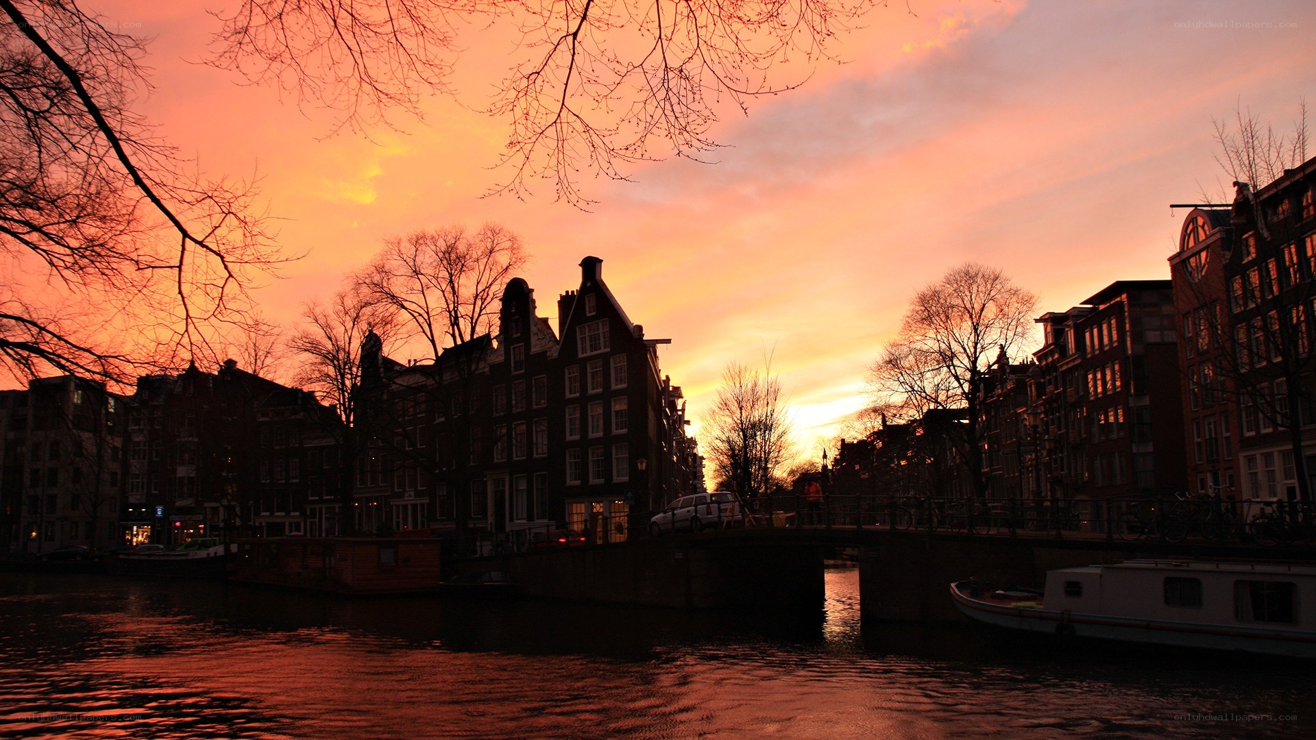 Amsterdam canal at sunset