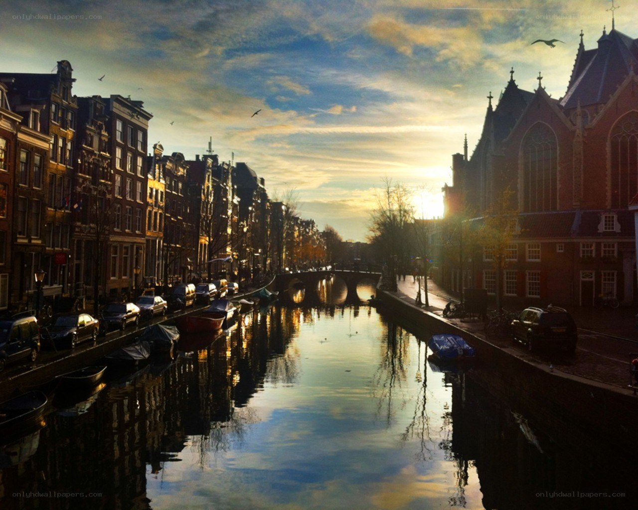 Amsterdam canal at sunset