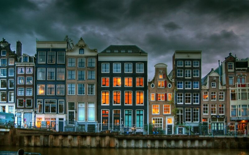 Amsterdam canal houses at dusk
