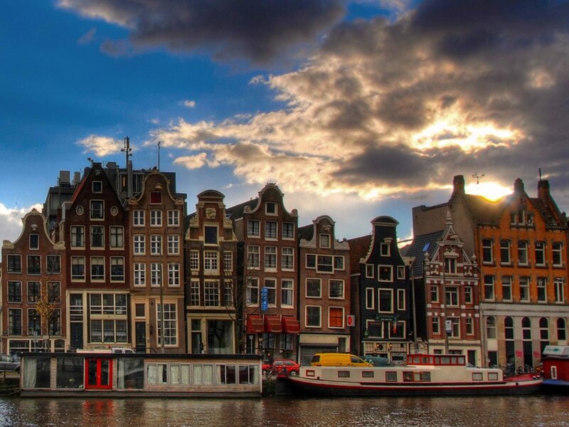Amsterdam canal houses at sunset