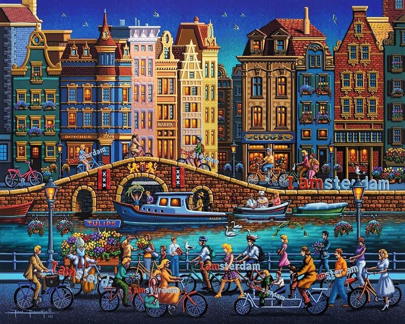 Amsterdam Canal Scene — Blue, Lively