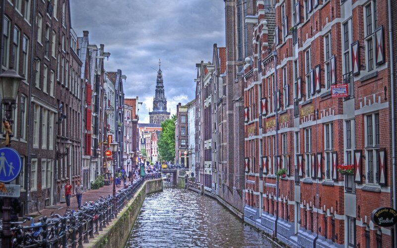 Amsterdam canal with church tower