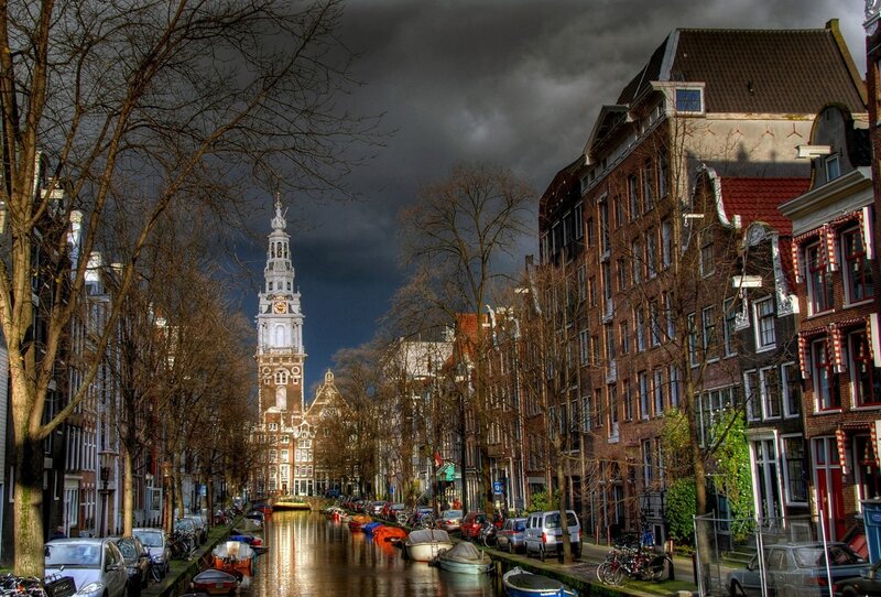 Amsterdam canal with church tower