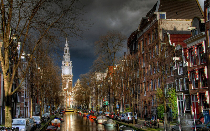 Amsterdam canal with church tower