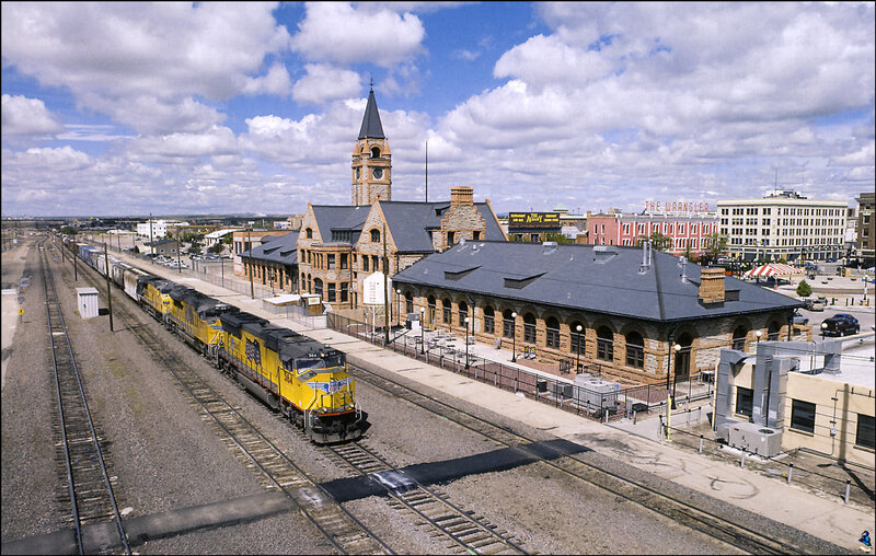 Amtrak train at historic station