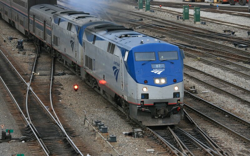 Amtrak train at rail yard