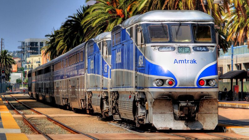 Amtrak Train at Station — Blue, Bright, Afternoon