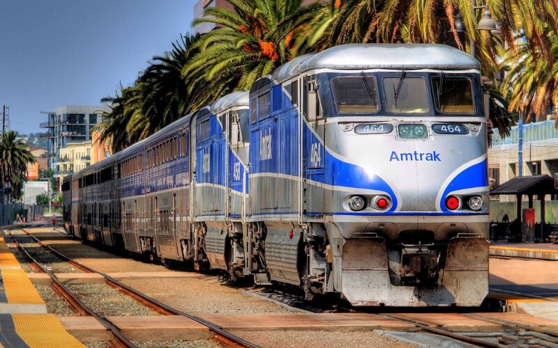 Amtrak Train at Station — Blue, Bright