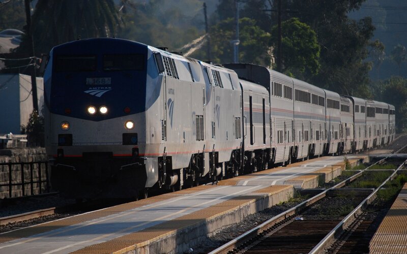 Amtrak Train at Station — Blue, Calm, Morning