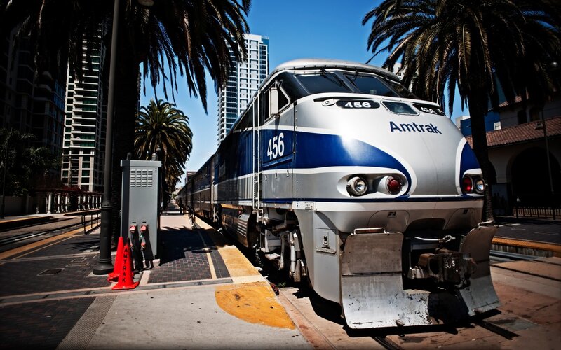 Amtrak Train at Station — Blue, Dramatic, Afternoon, Photograph