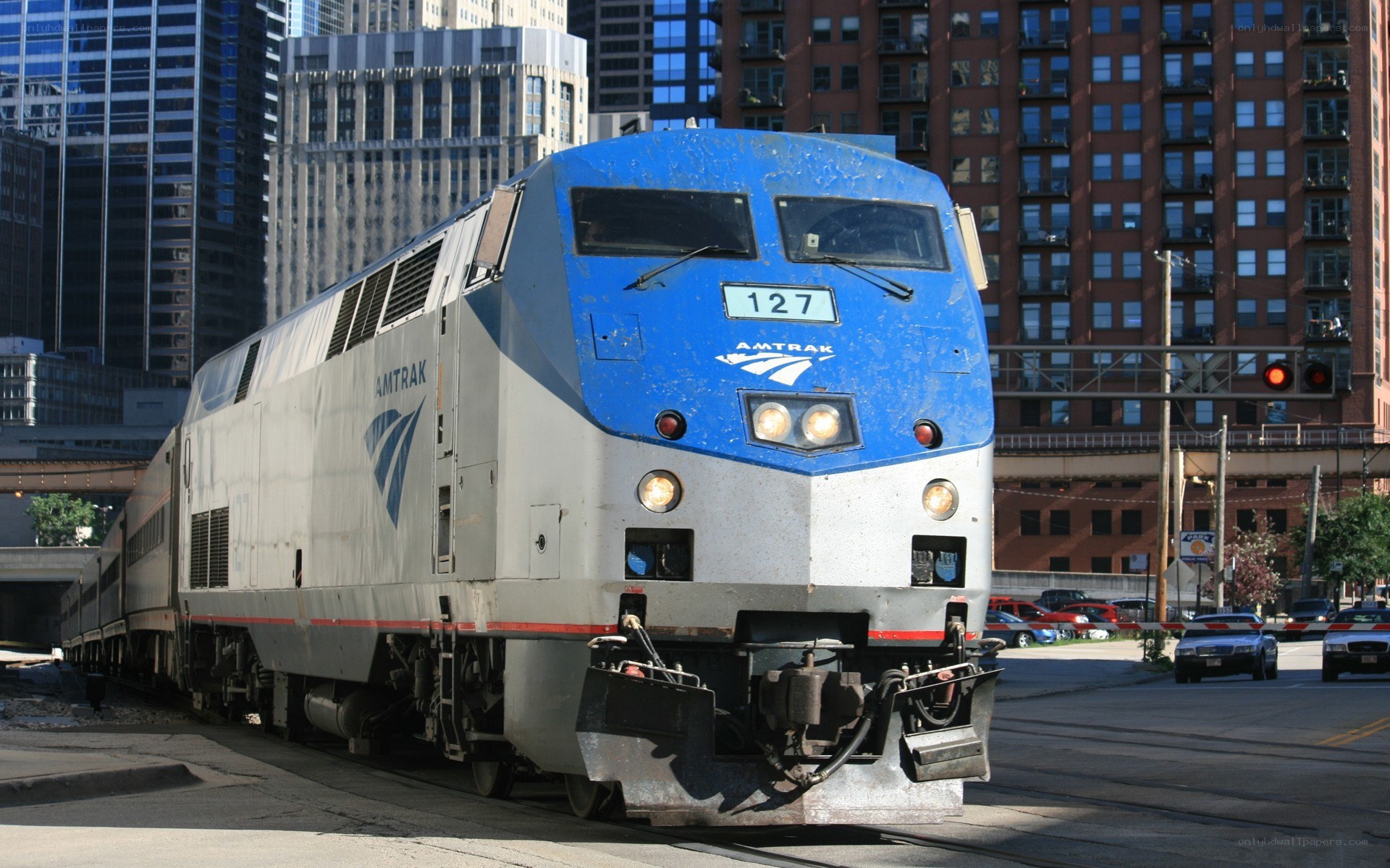 Amtrak train in city