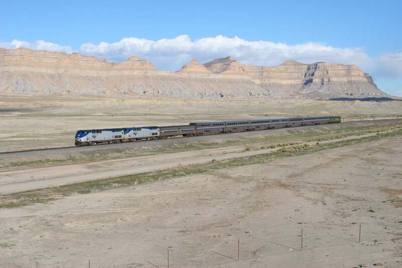 Amtrak train in desert landscape