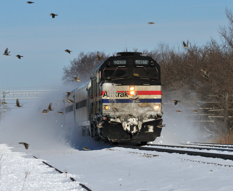 Amtrak train in snowy landscape