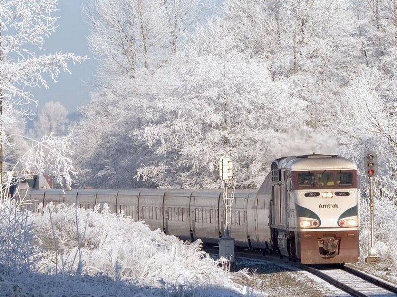 Amtrak train in snowy landscape
