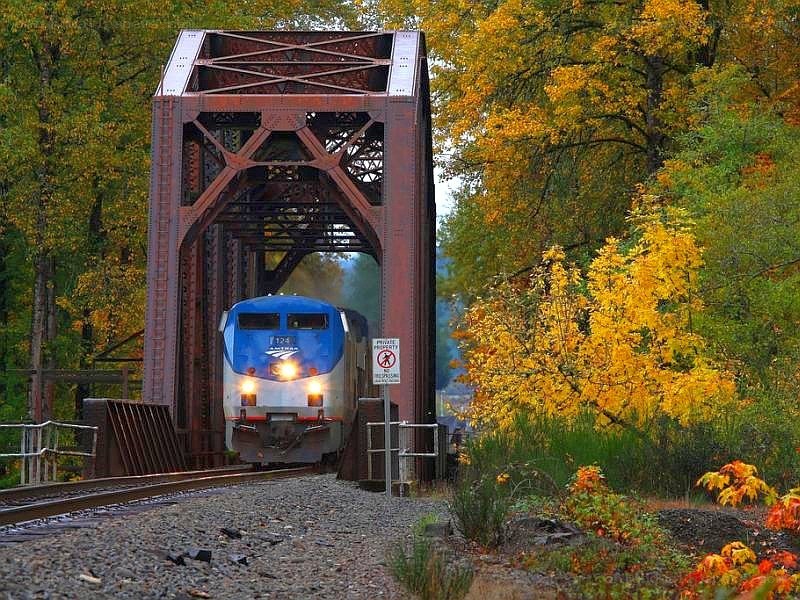 Amtrak train on a bridge