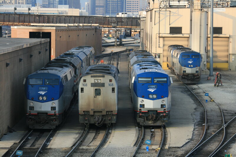 Amtrak trains at a rail yard