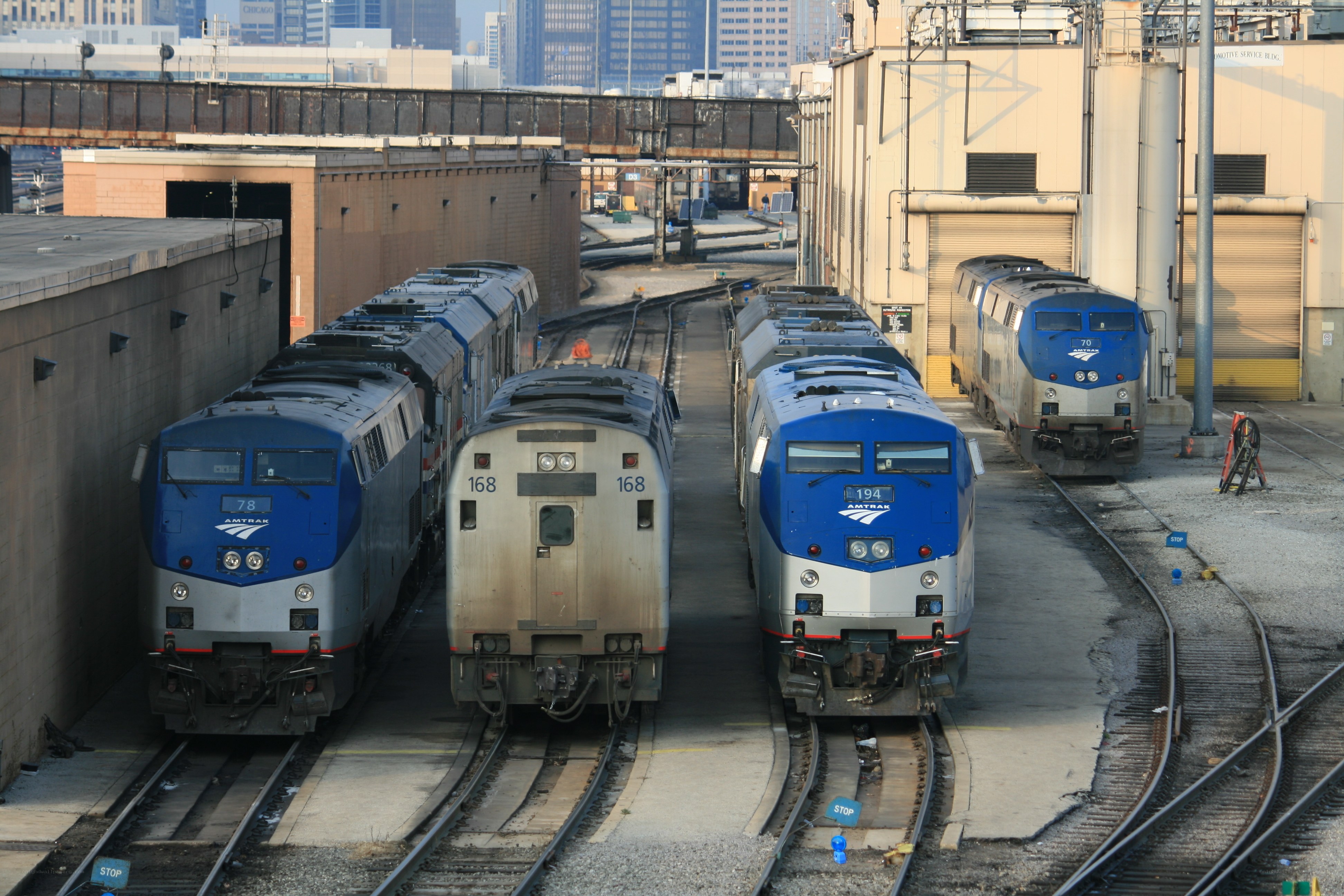 Amtrak trains at a rail yard
