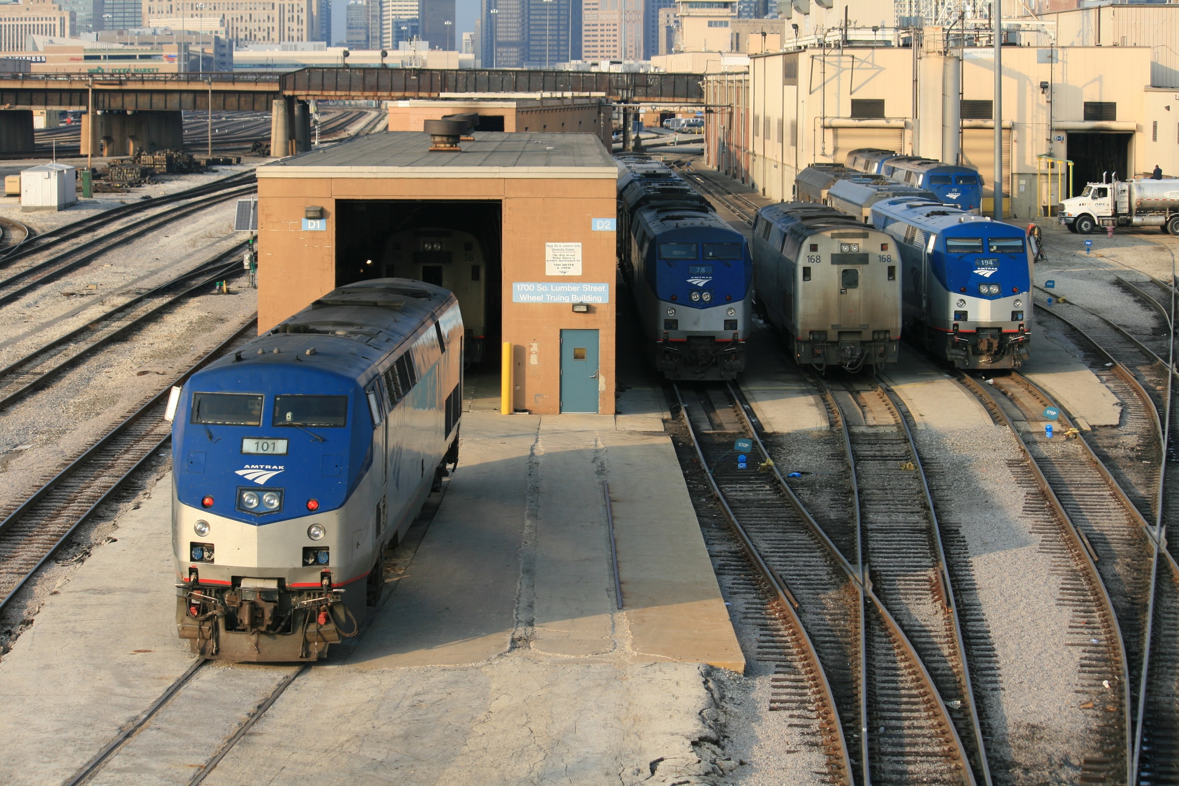 Amtrak trains at a rail yard