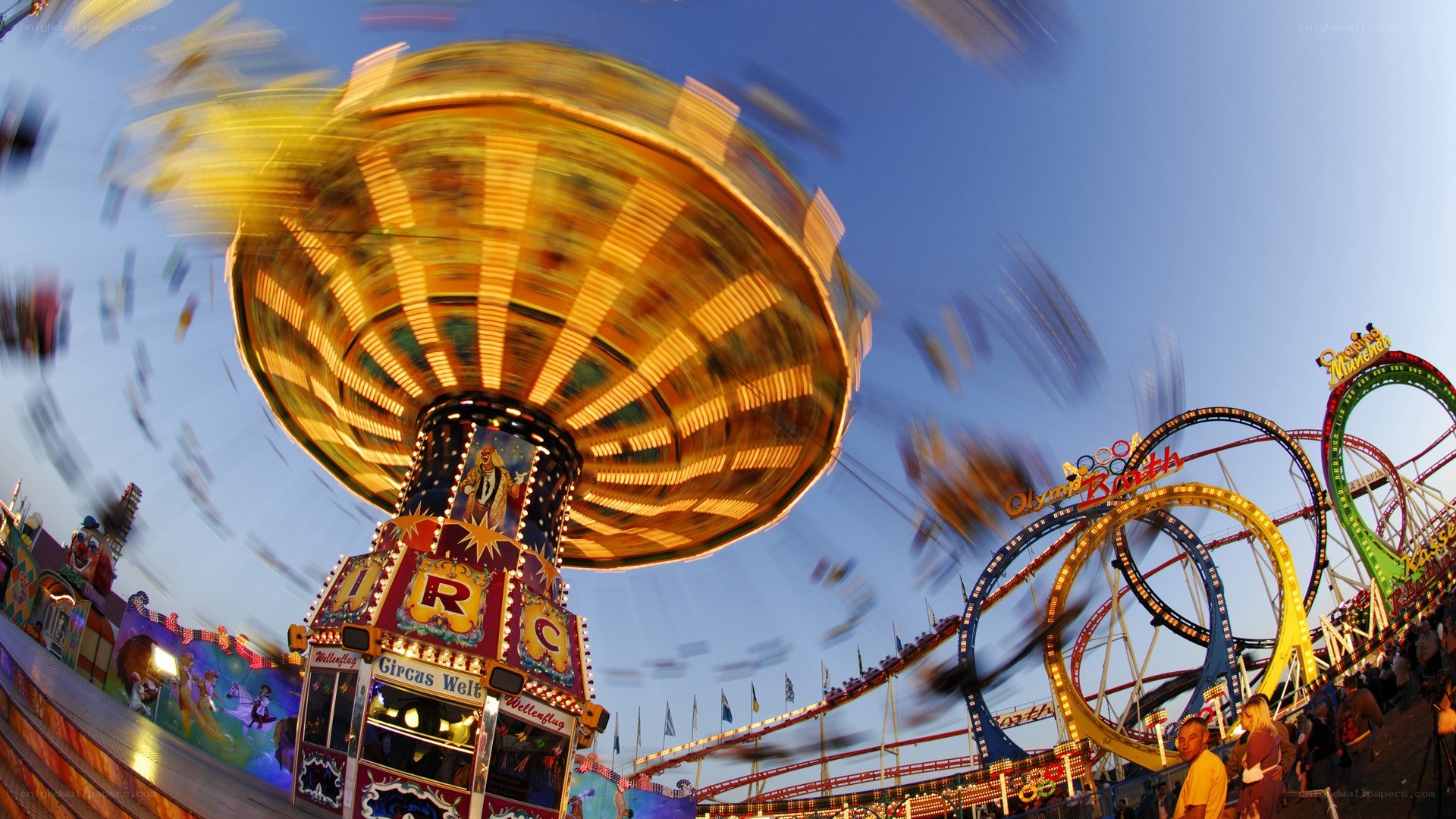 Amusement park rides in motion