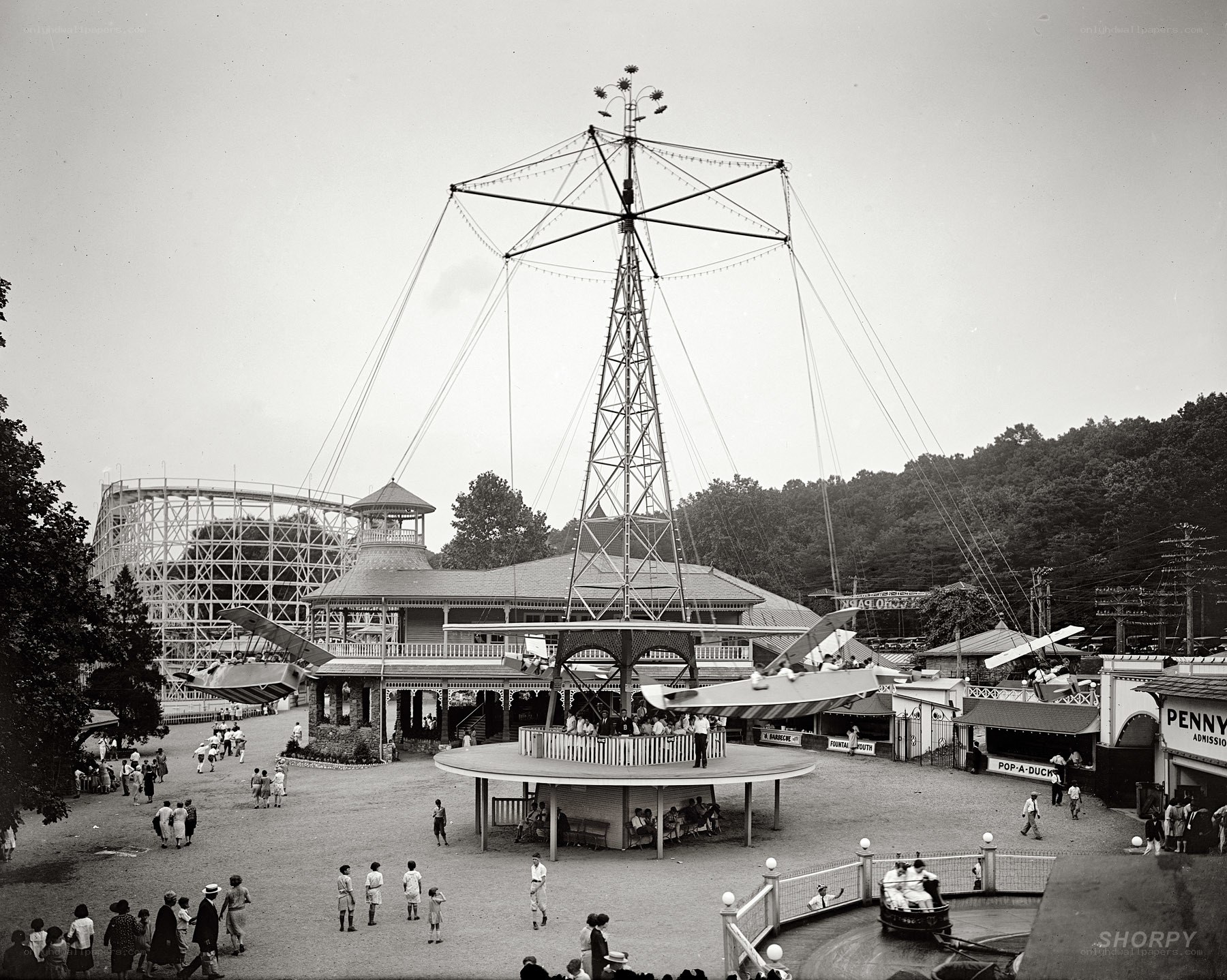 Amusement park scene with rides