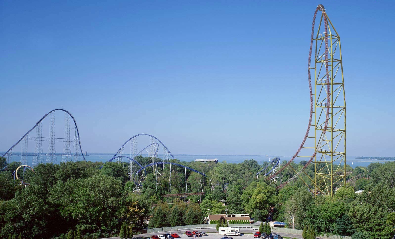 Amusement park with roller coasters