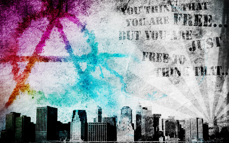 Anarchist cityscape with text