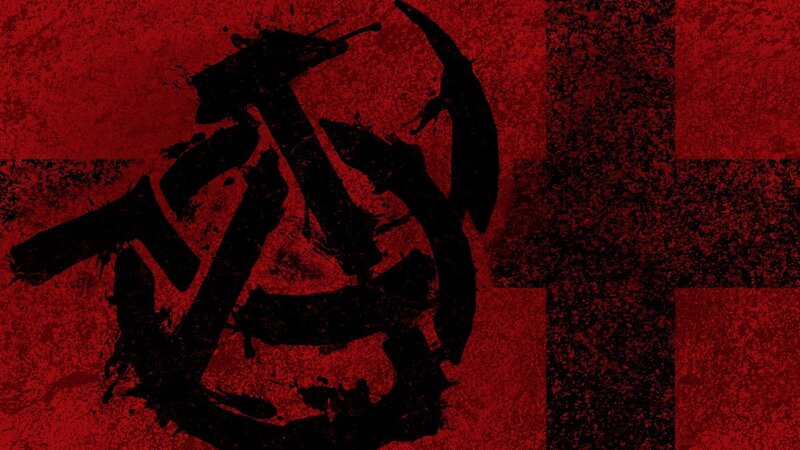 Anarchist symbol on red background
