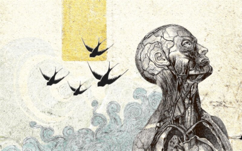 Anatomical Figure with Birds — Beige, Contemplative