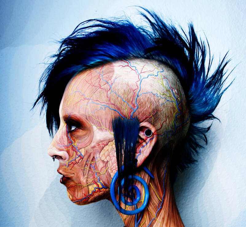 Anatomical portrait with blue hair