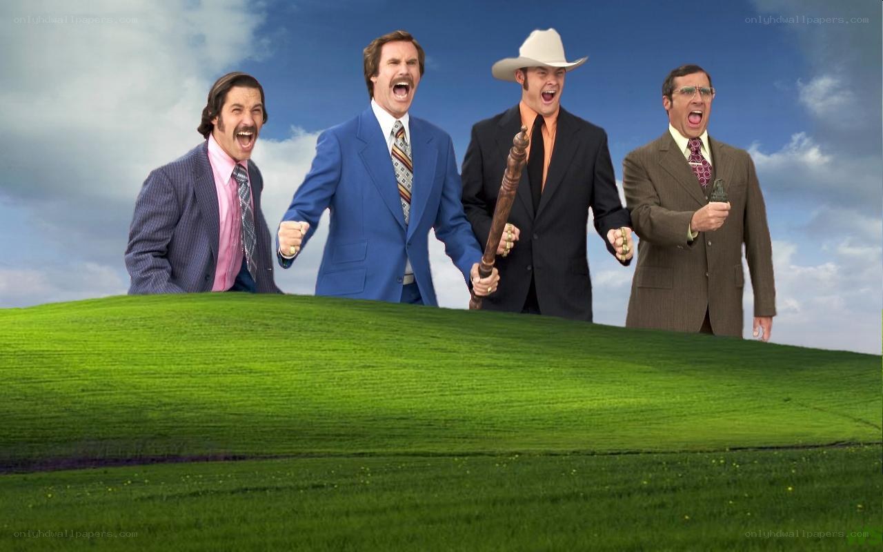 Anchorman cast on Windows XP wallpaper