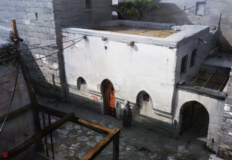ancient alleyway with hooded figure