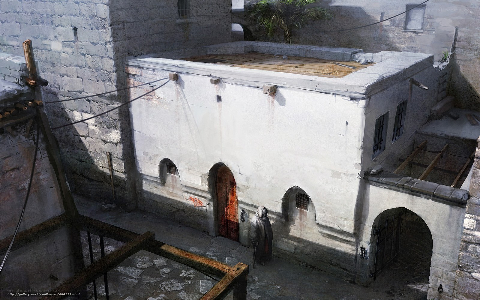 ancient alleyway with hooded figure