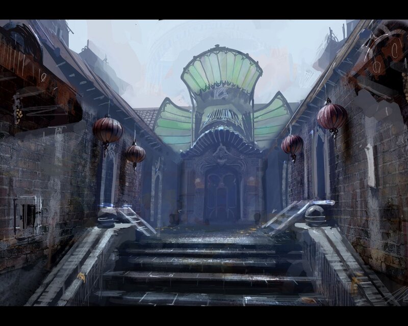 ancient alleyway with lanterns
