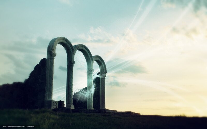 Ancient arches with light beams