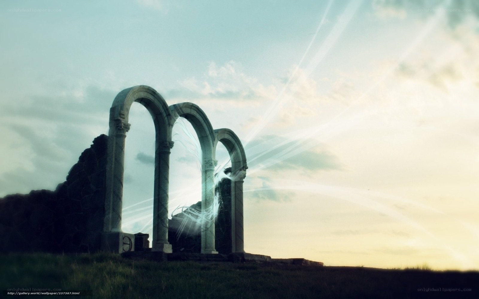Ancient arches with light beams