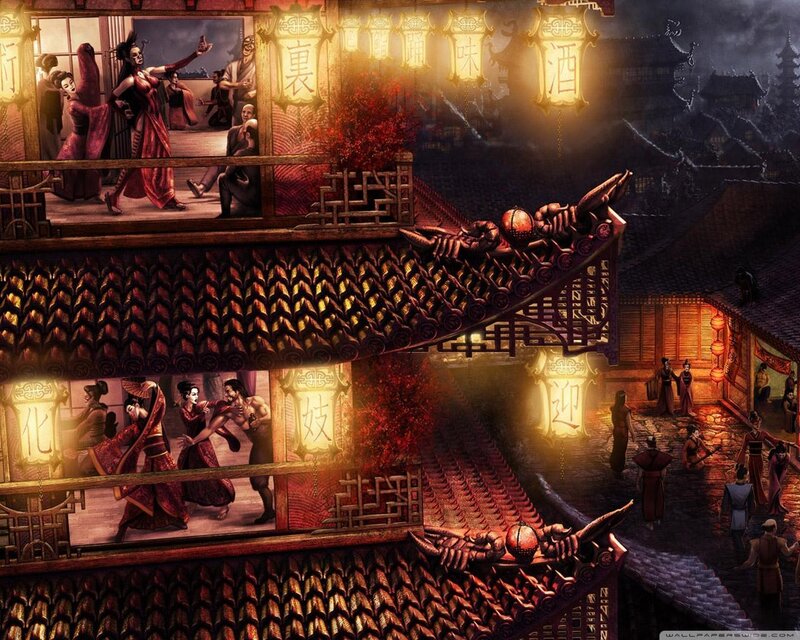 Ancient Asian brothel at night