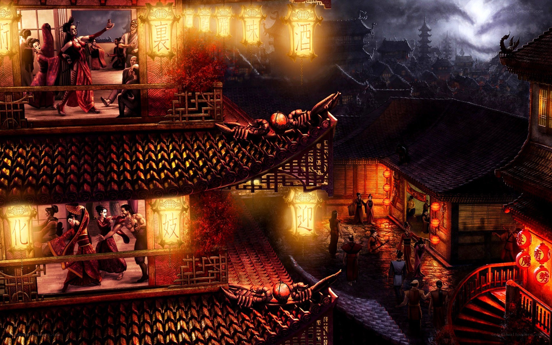 ancient asian city at night
