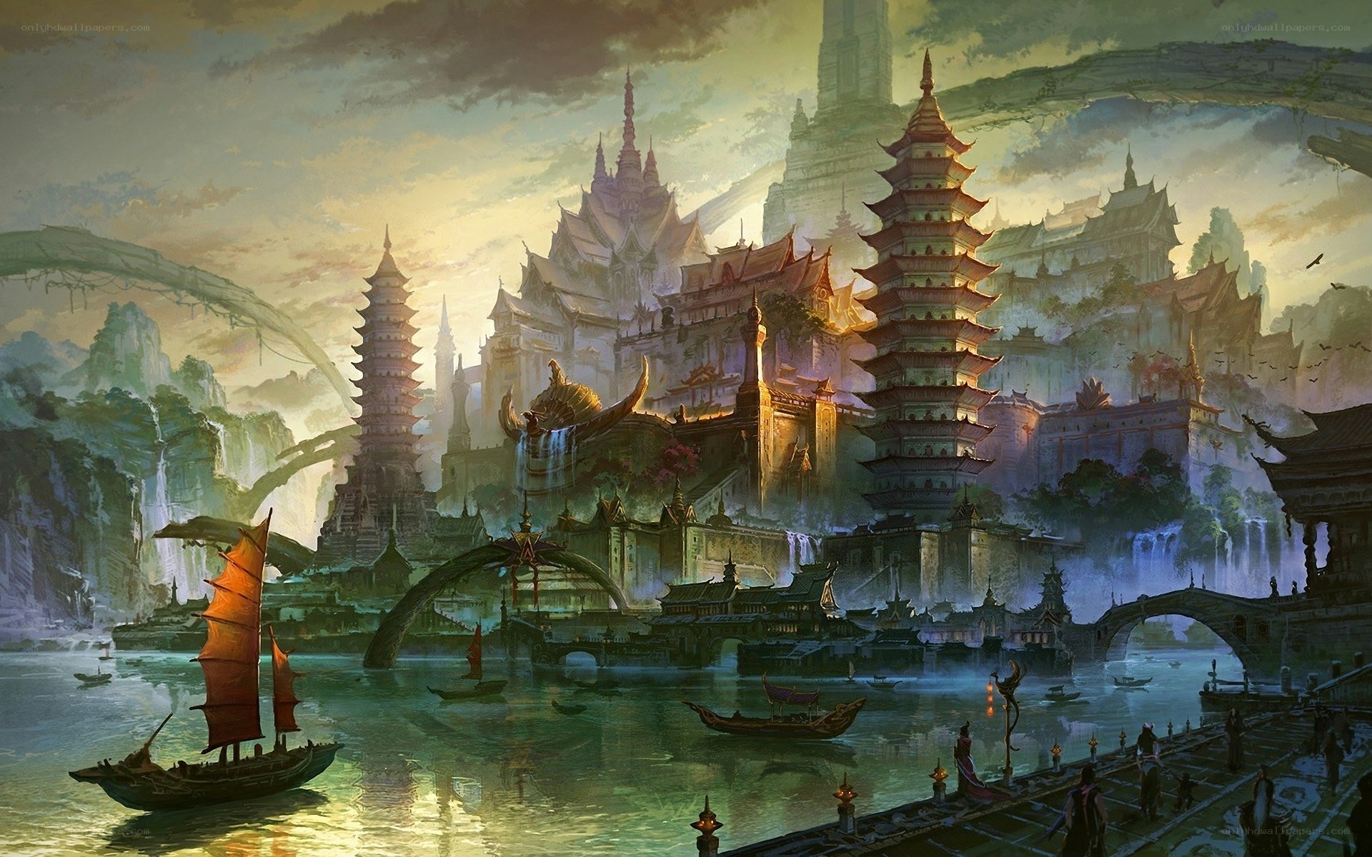 Ancient Asian city by river