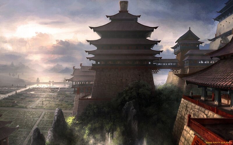 ancient asian fortress at sunset