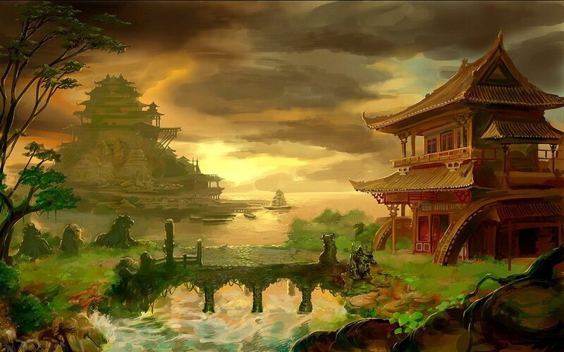 Ancient Asian temple at sunset